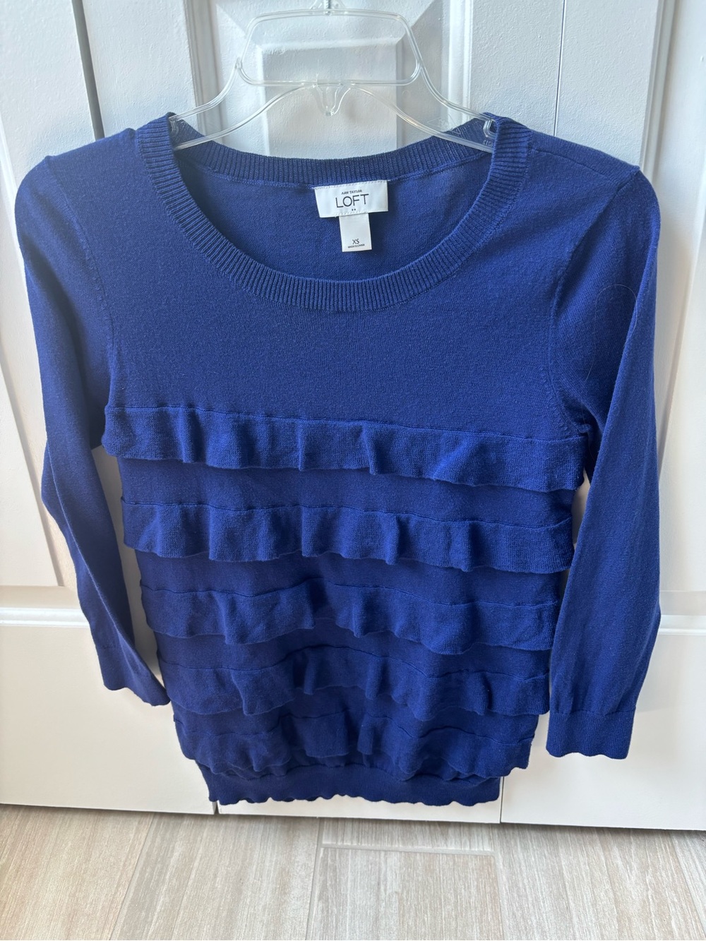 LOFT XS Blue Ruffle Tiered Crewneck Sweater
